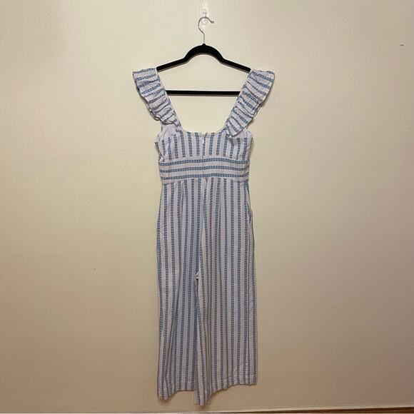 BCBGeneration 4 jumpsuit coastal grandma linen bow stripe beach white blue - Picture 5 of 8